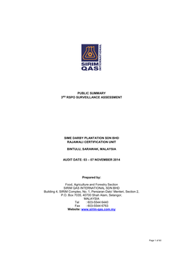 Public Summary 3Rd Rspo Surveillance Assessment Sime Darby Plantation Sdn Bhd Rajawali Certification Unit Bintulu, Sarawak, Mala