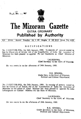 The Mizoram Gazette EXTRA ORDINARY Published by Authority Vol Xvlil Aizawl Tuesday 24