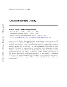 Gravity/Ensemble Duality Arxiv:2006.16289V3 [Hep-Th]