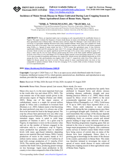 Incidence of Maize Streak Disease in Maize Cultivated During Late Cropping Season in Three Agricultural Zones of Benue State, Nigeria