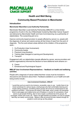 Health and Well Being Community Based Provision in Manchester
