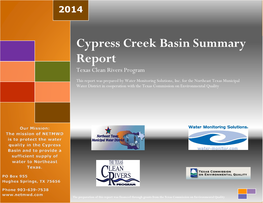 Cypress Creek Basin Summary Report Is Divided Into Three Main Chapters:  Trends  Segment Review  Biological