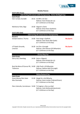 Weekly Fixtures 20.07.2021 (Tues)