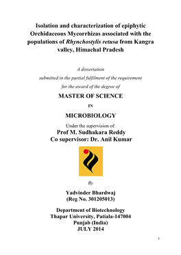 Isolation and Characterization of Epiphytic Orchidaceous Mycorrhizas Associated with the Populations of Rhynchostylis Retusa from Kangra Valley, Himachal Pradesh