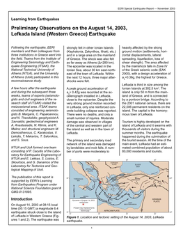 Preliminary Observations on the August 14, 2003, Lefkada Island (Western Greece) Earthquake