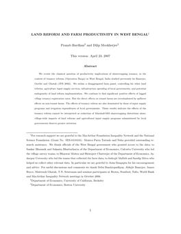 Land Reform and Farm Productivity in West Bengal By