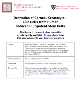 Derivation of Corneal Keratocyte-Like Cells from Human Induced Pluripotent Stem Cells.” Plos ONE 11 (10): E0165464