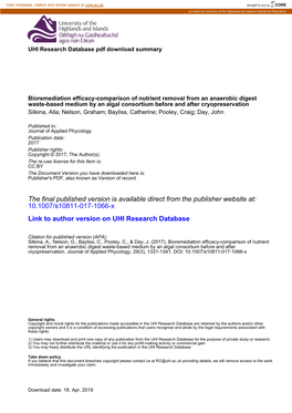 Bioremediation Efficacy—Comparison of Nutrient Removal from an Anaerobic Digest Waste-Based Medium by an Algal Consortium Before and After Cryopreservation