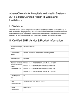 Athenaclinicals for Hospitals and Health Systems 2015 Edition Certified Health IT Costs and Limitations
