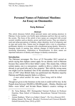 Personal Names of Pakistani Muslims: an Essay on Onomastics