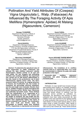 Cowpea) Vigna Unguiculata L. Walp. (Fabaceae) As Influenced by the Foraging Activity of Apis Mellifera (Hymenoptera: Apidae) at Malang (Ngaoundere, Cameroon
