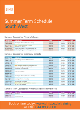 Summer Term Schedule South West