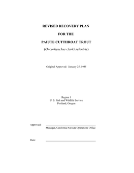 Revised Recovery Plan for the Paiute Cutthroat Trout (Oncorhynchus Clarki Seleniris)