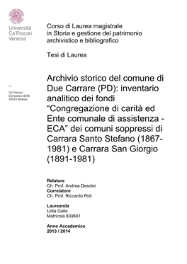 Archivio Storico Del Comune Di Due Carrare (PD): Inventario Analitico Dei Fondi