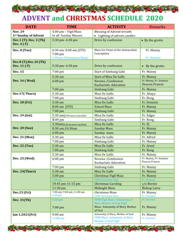 ADVENT and CHRISTMAS SCHEDULE 2020 DATE TIME ACTIVITY Remarks Nov