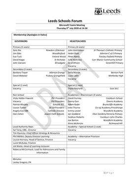 Leeds Schools Forum Microsoft Teams Meeting Thursday 9Th July 2020 at 16:30