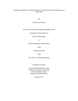 Translation and History: the Development of a Kashmiri Textual Tradition from Ca. 1000-1500 by Luther James Obrock a Dissertatio