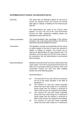 Determination of Council Tax Discounts 2021/22