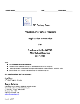 21 Century Grant Providing After School Programs Registration Information for Enrollment in the WEVSD After School Program