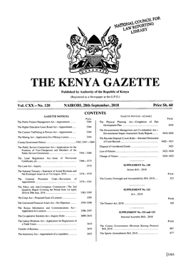 THE KENYA GAZETTE Published by Authority of the Republic of Kenya (Registered As a Newspaper at the G.P.O.)