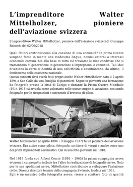 Imprenditore Walter Mittelholzer, Pioniere Dell’Aviazione Svizzera
