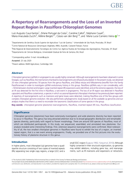 A Repertory of Rearrangements and the Loss of an Inverted Repeat Region in Passiﬂora Chloroplast Genomes