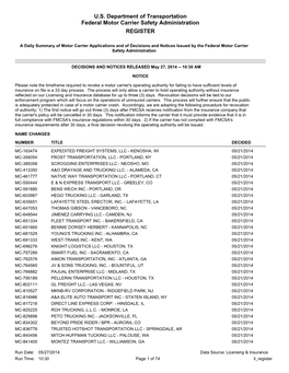 U.S. Department of Transportation Federal Motor Carrier Safety Administration REGISTER