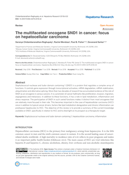 The Multifaceted Oncogene SND1 in Cancer: Focus on Hepatocellular Carcinoma