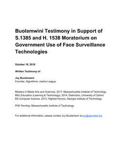 Buolamwini Testimony in Support of S.1385 and H. 1538 Moratorium on Government Use of Face Surveillance Technologies