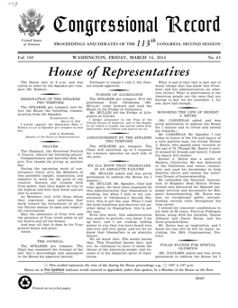 Congressional Record United States Th of America PROCEEDINGS and DEBATES of the 113 CONGRESS, SECOND SESSION