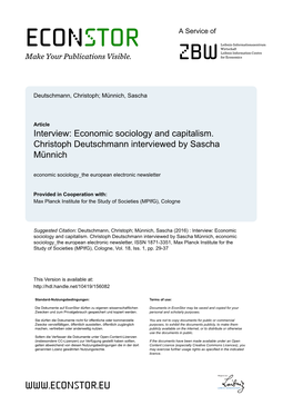 Economic Sociology and Capitalism. Christoph Deutschmann Interviewed by Sascha Münnich