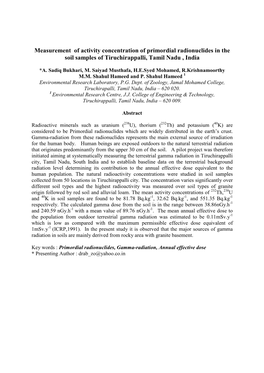 Measurement of Activity Concentration of Primordial Radionuclides in the Soil Samples of Tiruchirappalli, Tamil Nadu , India