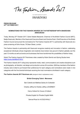 Nominations for the Fashion Awards 2017 in Partnership with Swarovski Announced