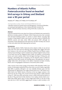 Numbers of Atlantic Puffins Fratercula Arctica Found on Beached Bird Surveys in Orkney and Shetland Over a 30-Year Period