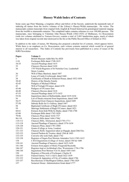 Hussey-Walsh Manuscripts Contents