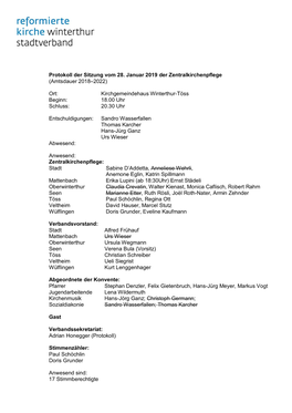 Protokoll Der Sitzung Vom 28. Januar 2019 Der Zentralkirchenpflege (Amtsdauer 2018–2022)