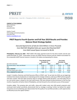 PREIT Reports Fourth Quarter and Full Year 2019 Results and Provides Balance Sheet Strategy Update