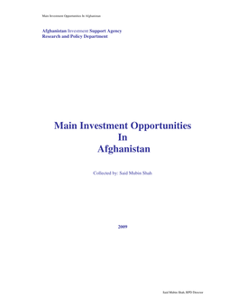 Main Investment Opportunities in Afghanistan