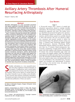 Axillary Artery Thrombosis After Humeral Resurfacing Arthroplasty