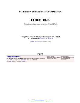 AMAZON COM INC Form 10-K Annual Report Filed 2013-01-30