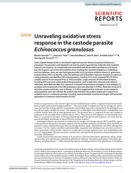 Unraveling Oxidative Stress Response in the Cestode Parasite Echinococcus Granulosus Martín Cancela1,2,3*, Jéssica A