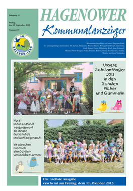 Unsere Schulanfänger 2013 in Den Schulen Picher Und Gammelin