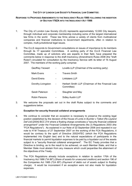 Draft Insolvency (Amendment) Rules 2008 (The "Draft Rules") Circulated for Consultation by the Insolvency Service with Its Letter of 16 August 2007