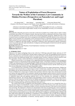 Nature of Exploitation of Forest Resources Towards the Welfare of the Customary Law Community in Maluku Province (Perspectives on Pancasila Law and Legal Pluralism)