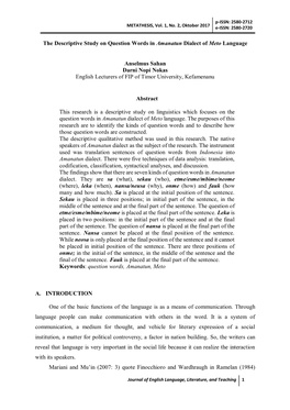 The Descriptive Study on Question Words in Amanatun Dialect of Meto Language