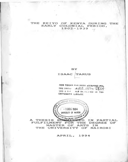 The Keiyo of Kenya During the Earlier Colonial Period, 1902-1939