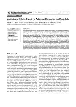 Monitoring the Pollution Intensity of Wetlands of Coimbatore, Tamil Nadu, India