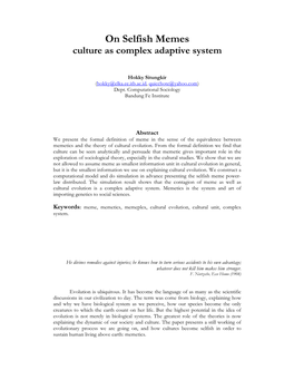 On Selfish Memes Culture As Complex Adaptive System
