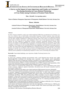 A Survey on the Impact of Cause Importance and Gender on Consumers' Purchasing Intention in Cause-Related Marketing (A Case St