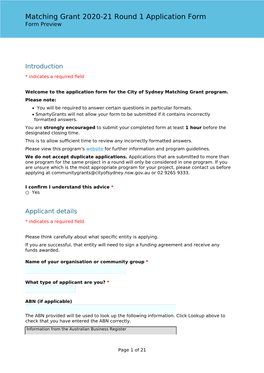 Matching Grant 2020-21 Round 1 Application Form Form Preview